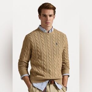 Polo Ralph Lauren CABLE KNIT COTTON SWEATER JUMPER CAMEL MELANGE Men XL NWT $145